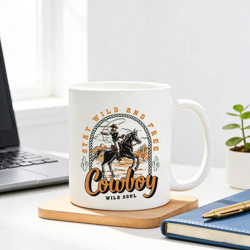 Tailorly White Ceramic 11 oz Mug - Stay Wild And Free Cowboy Wild Soul Retro Silhouette Riding A Horse Through A Rugged Desert Landscape Cowboy