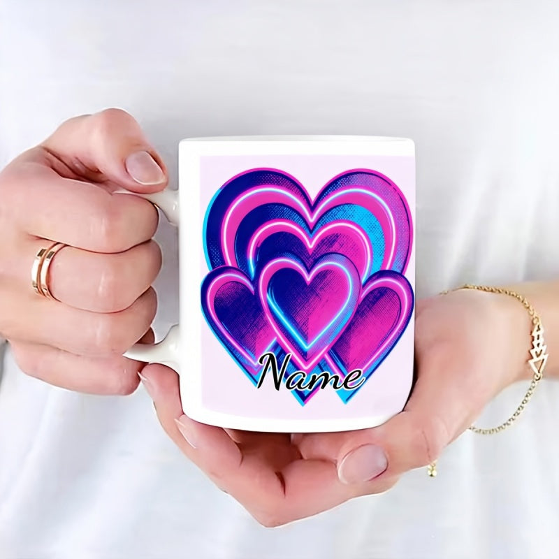 Tailorly White Ceramic 11 oz Mug - Name Artistic Vibrant Glowing Pink And Purple Overlapping Layered Design Hearts