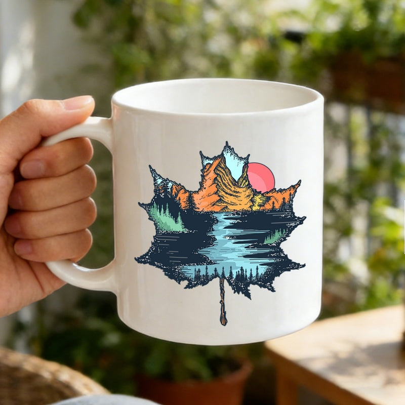 Tailorly White Ceramic 11 oz Mug - Majestic Mountain Landscape With Sunset Reflection Within Artistic Silhouette Maple Leaf