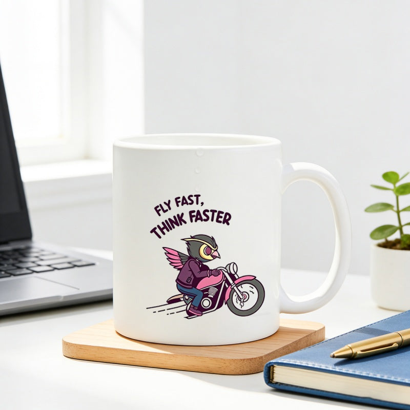 Tailorly White Ceramic 11 oz Mug - Fly Fast Think Faster Stylized Cartoon Bird Riding A Vintage Pink Motorcycle Speeding Forward Owl