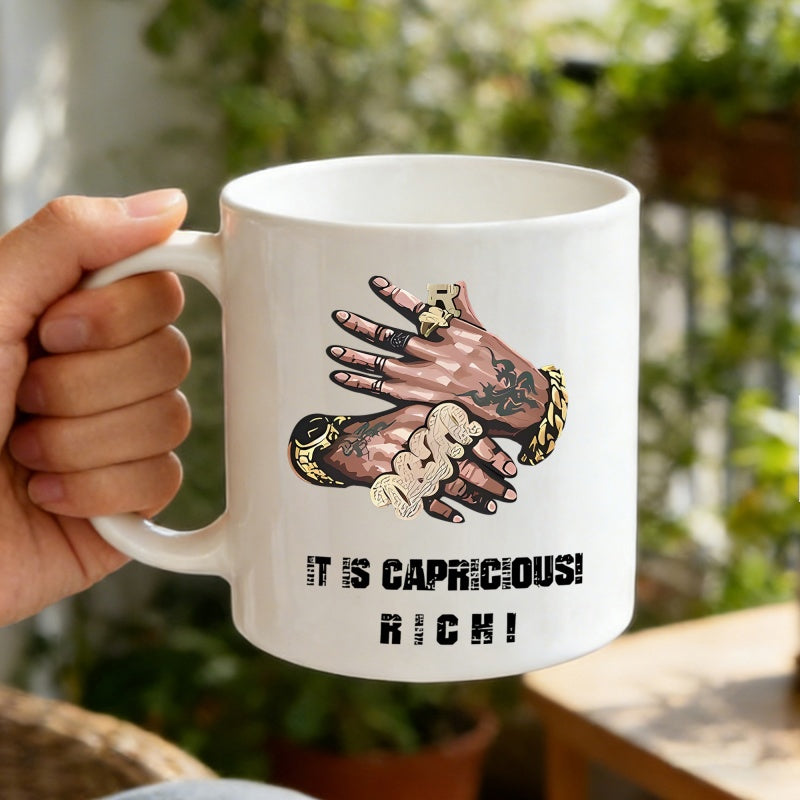 Tailorly White Ceramic 11 oz Mug - It Is Capricious Rich Hip Hop Style Tattooed Skin Decorated With Golden Jewelry And Rings Hands