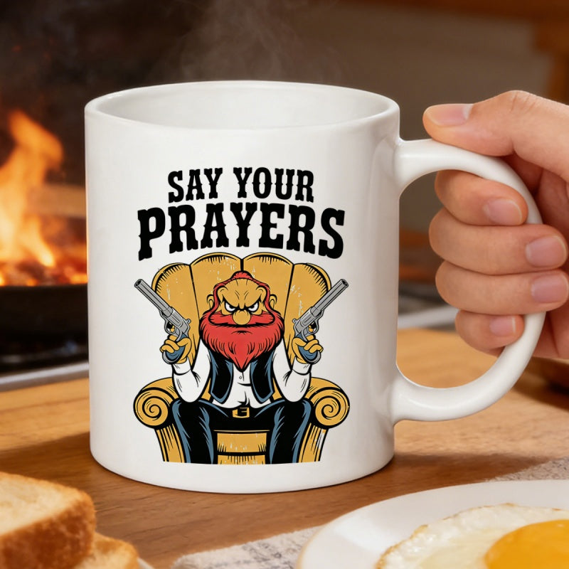 Tailorly White Ceramic 11 oz Mug - Say Your Prayers Bearded Angry Man Sitting In Armchair Holding Pair Of Handguns Character