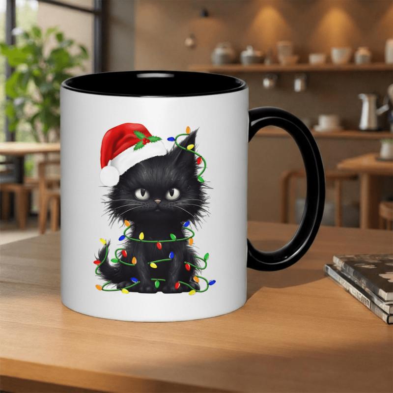 Tailorly Black Accent 11 oz Mug - black cat christmas lights santa hat adorable kitten