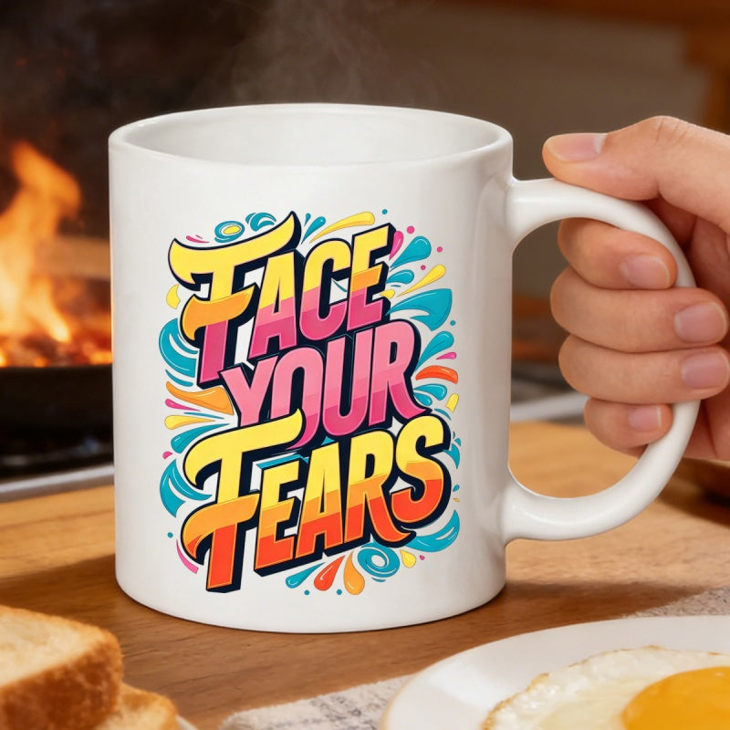 Tailorly White Ceramic 11 oz Mug - Face Your Fears Vibrant Retro Style Typography Surrounded By Colorful Abstract Liquid Splashes Mug