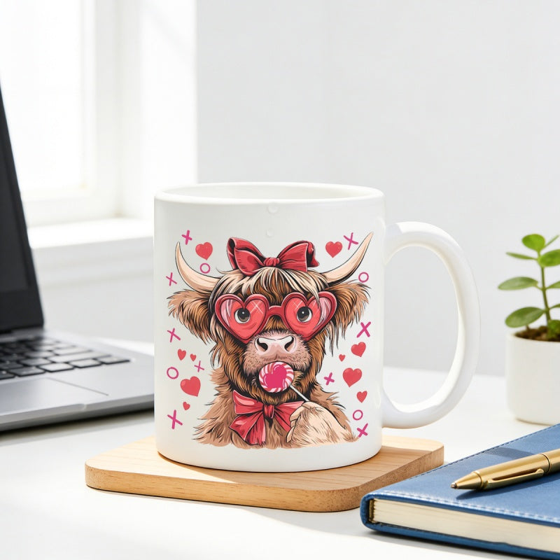 Tailorly White Ceramic 11 oz Mug - Adorable Highland Calf Adorned With Red Heart Sunglasses And Cute Bows Cow