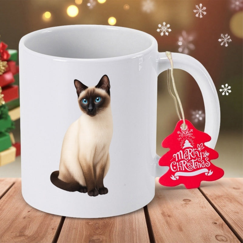 Tailorly White Ceramic 11 oz Mug - Merry Christmas Elegant Siamese Feline Sitting Gracefully With Blue Eyes And Dark Points Cat