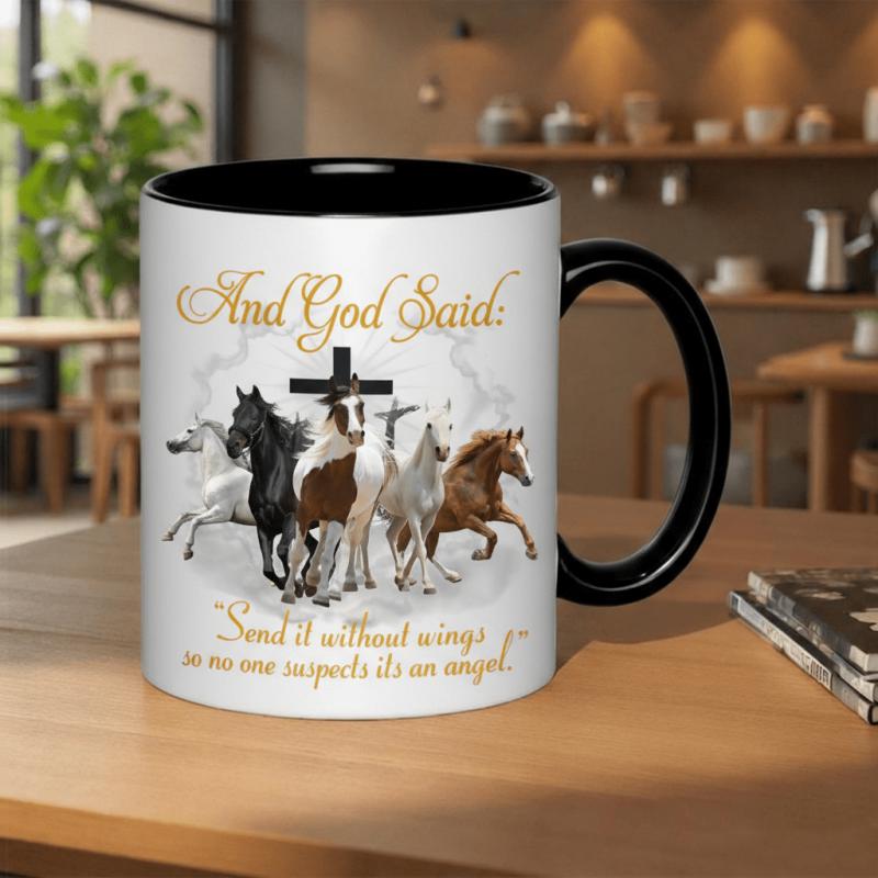 Tailorly Black Accent 11 oz Mug - and god without wings so no one its an angel text