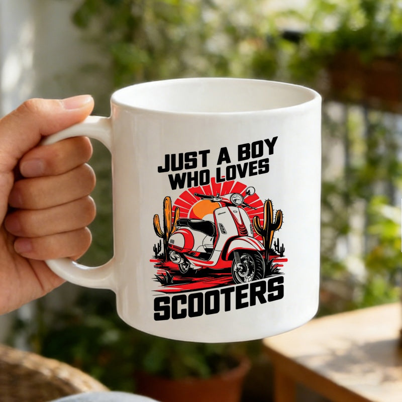Tailorly White Ceramic 11 oz Mug - Just A Boy Who Loves Scooters Classic Vintage Motorbike Parked In Desert Landscape Under Glowing Sunset Scooter