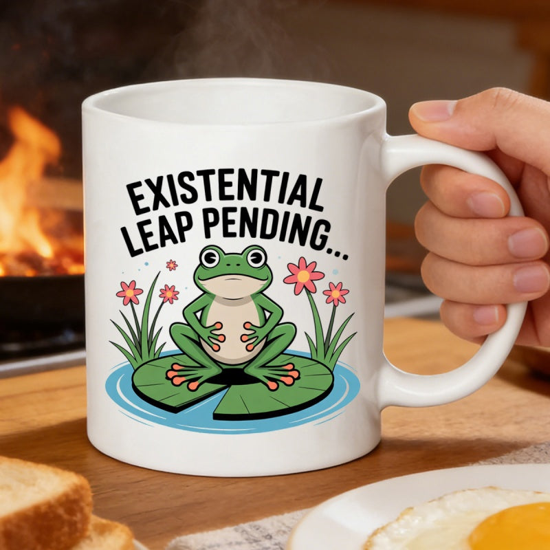 Tailorly White Ceramic 11 oz Mug - Existential Leap Pending Cartoon Frog Sitting On Lily Pad Surrounded By Small Pink Flowers Frog
