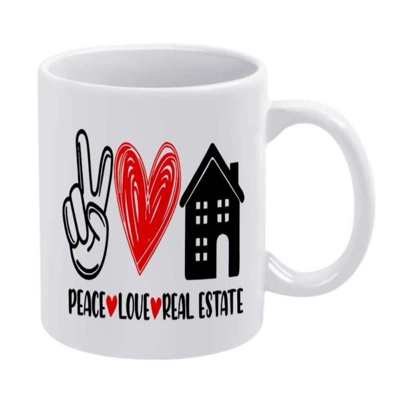 Tailorly White Ceramic 11 oz Mug - Peace Love Real Estate Minimalist Symbols Featuring A Peace Sign Red Heart And A Black House