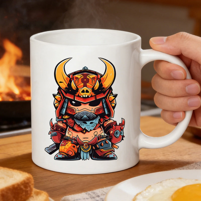 Tailorly White Ceramic 11 oz Mug - Miniature Warrior Wearing Fierce Red Armor With Golden Bull Horns Samurai