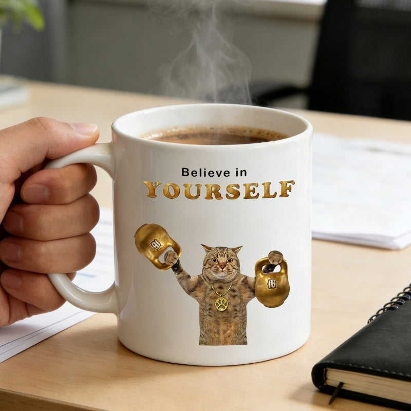 Tailorly White Ceramic 11 oz Mug - Believe In Yourself Funny Tabby Lifting Heavy Golden Kettlebells To Showcase Strength Cat