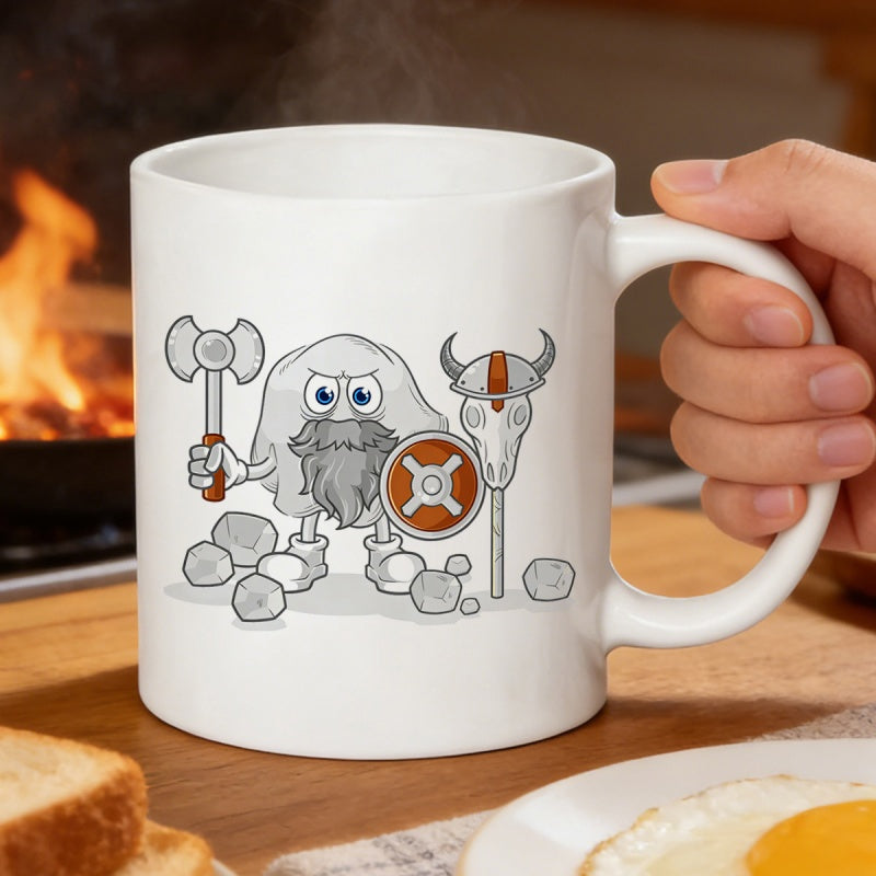 Tailorly White Ceramic 11 oz Mug - Cartoonish Grey Stone Creature Holding Ancient Hammer And Shield Viking Warrior