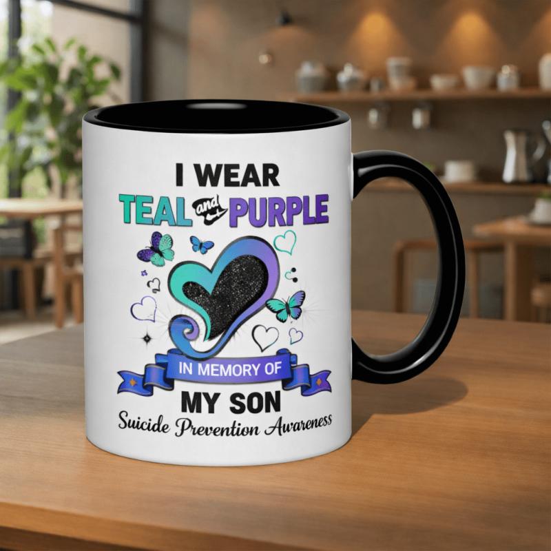 Tailorly Black Accent 11 oz Mug - i wear teal and purple in memory of my son prevention awareness
