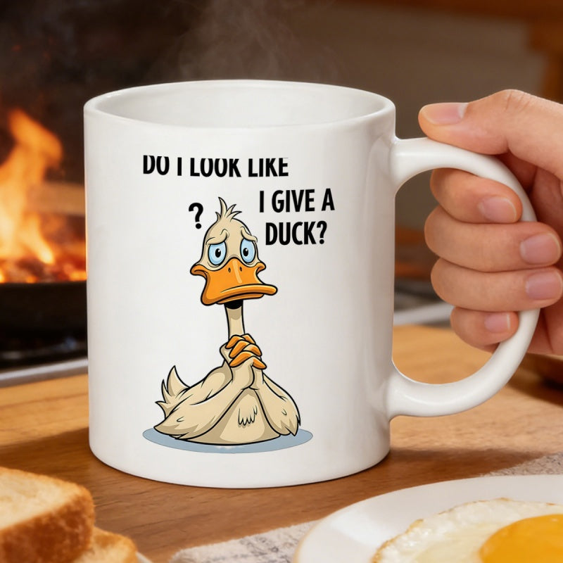 Tailorly White Ceramic 11 oz Mug - Do I Look Like I Give A Duck Funny Confused Cartoon Bird With Clasped Hands And Expressive Orange Beak Duck