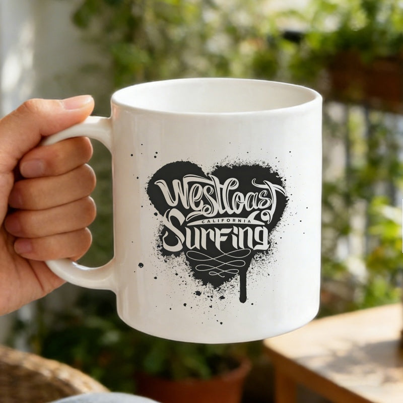 Tailorly White Ceramic 11 oz Mug - Westcoast Surfing California Artistic Spray Paint Style With Drips And Splash Dots Heart