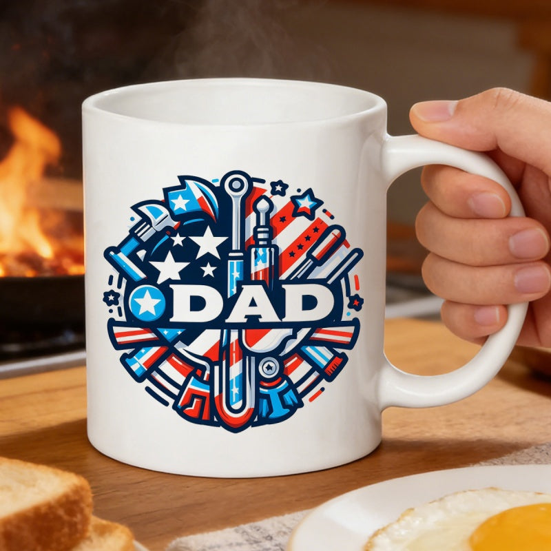 Tailorly White Ceramic 11 oz Mug - Dad Circular Patriotic Stars And Stripes With Various Handyman Mechanic Tools