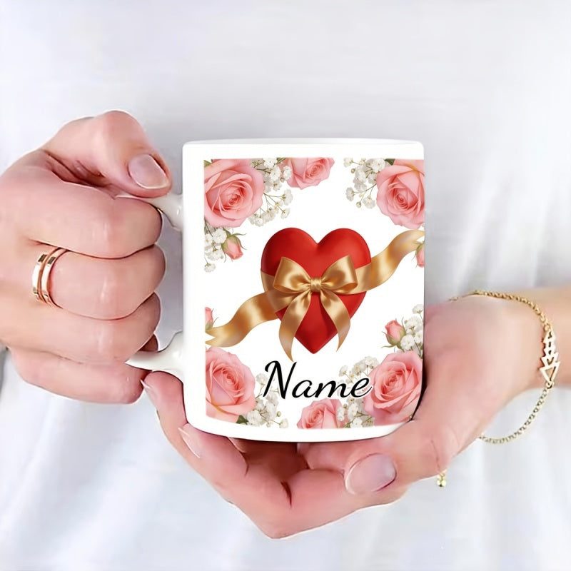 Tailorly White Ceramic 11 oz Mug - Name Elegant Pink Roses With Golden Ribbon Wrapped Around Red Heart
