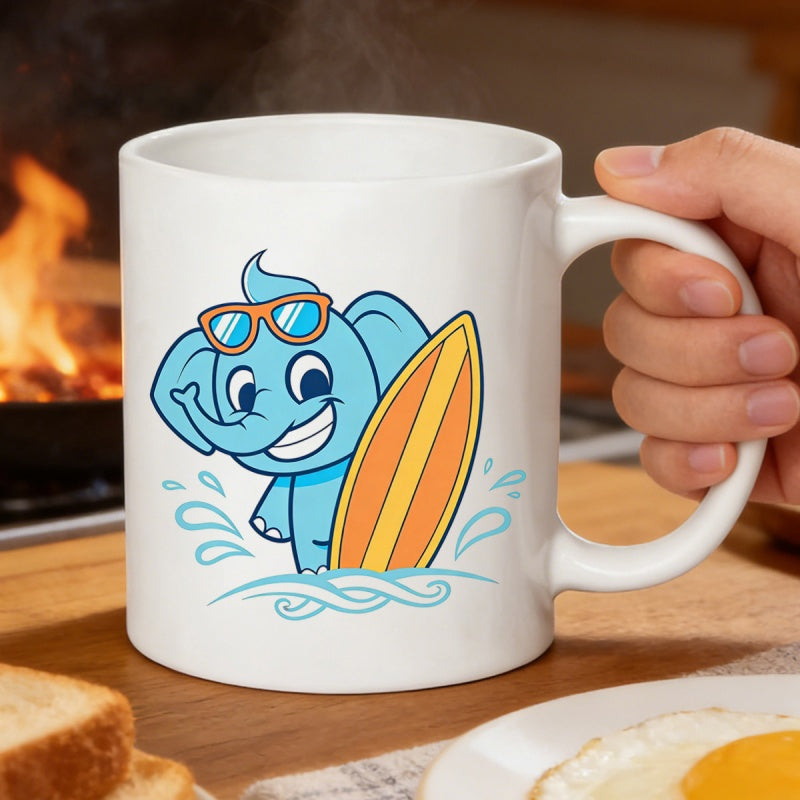 Tailorly White Ceramic 11 oz Mug - Cheerful Blue Cartoon Wearing Sunglasses Holding Surfboard Among Waves Elephant