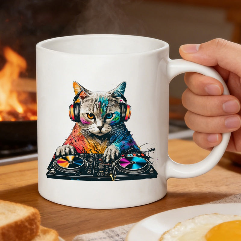 Tailorly White Ceramic 11 oz Mug - Vibrant Artistic Multi Colored Feline Wearing Headphones Mixing Music On Turntables Cat