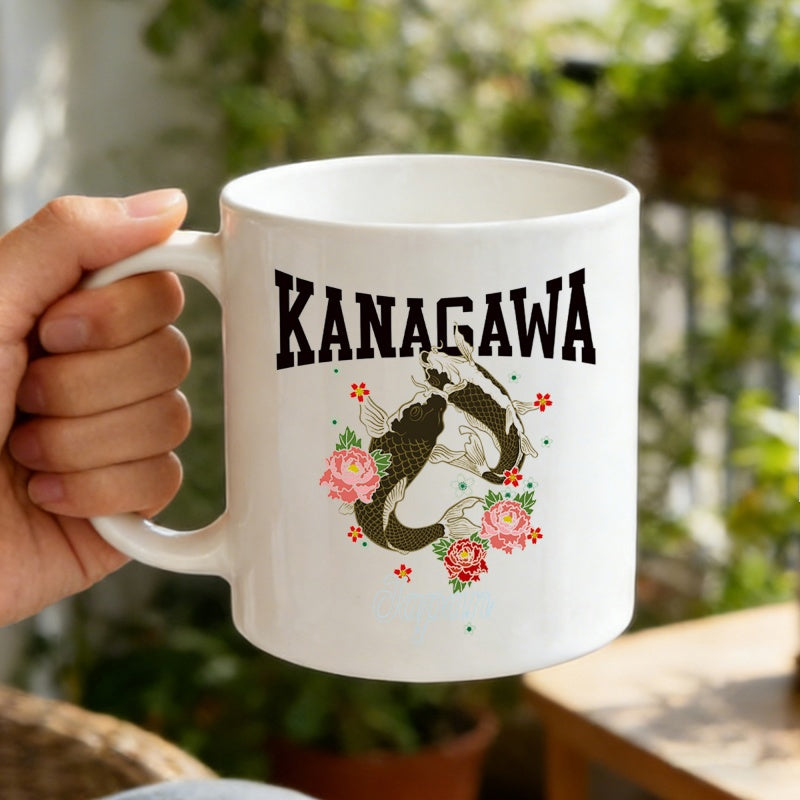 Tailorly White Ceramic 11 oz Mug - Kanagawa Traditional Japanese Style Swimming In Circle With Pink Peony Flowers Koi Fish