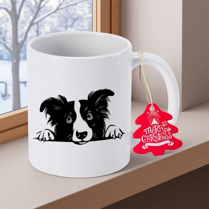 Tailorly White Ceramic 11 oz Mug - Merry Christmas Adorable Peeking Border Collie Illustration With Minimalist Black And White Features Dog