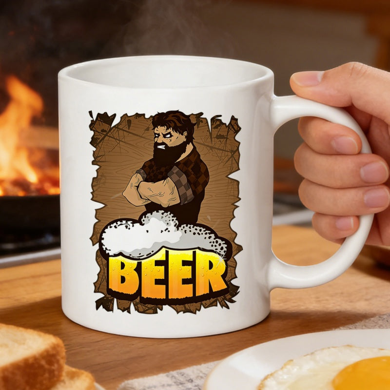 Tailorly White Ceramic 11 oz Mug - Beer Tough Bearded Character With Crossed Arms Above Frothy Golden Foam Man
