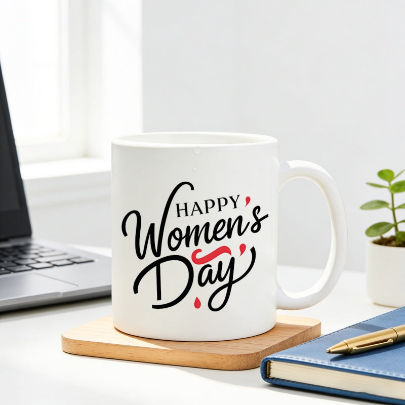 Tailorly White Ceramic 11 oz Mug - Happy Womens Day Minimalist White Ceramic Piece Featuring Elegant Handwritten Script And Decorative Accents Mug