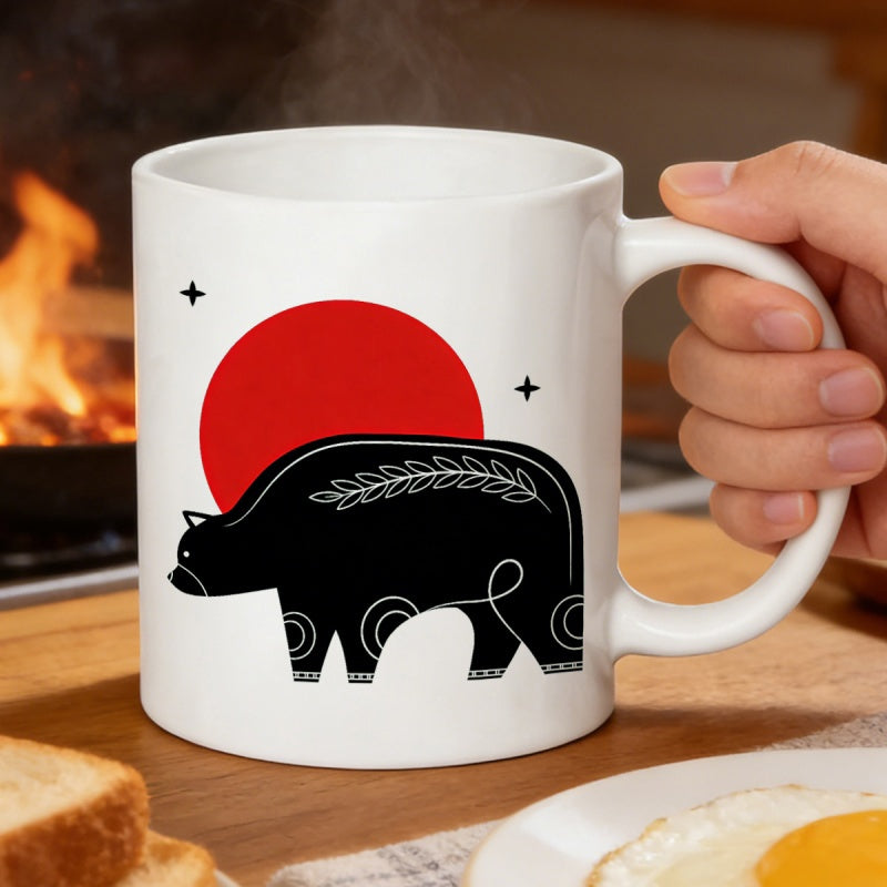 Tailorly White Ceramic 11 oz Mug - Minimalist Stylized Black Silhouette Featuring Intricate White Patterns Under Red Sun Bear