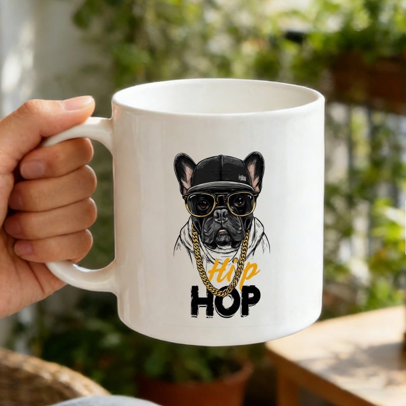 Tailorly White Ceramic 11 oz Mug - Hip Hop Cool French Bulldog Wearing Sunglasses Cap And Gold Chain Dog
