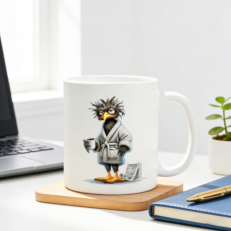Tailorly White Ceramic 11 oz Mug - Grumpy Tired Crow Wearing White Bathrobe Holding Cup Of Hot Coffee Bird