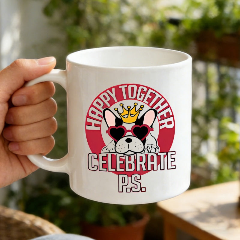Tailorly White Ceramic 11 oz Mug - Happy Together Celebrate Ps Adorable French Bulldog Wearing Golden Crown And Heart Shaped Glasses Dog