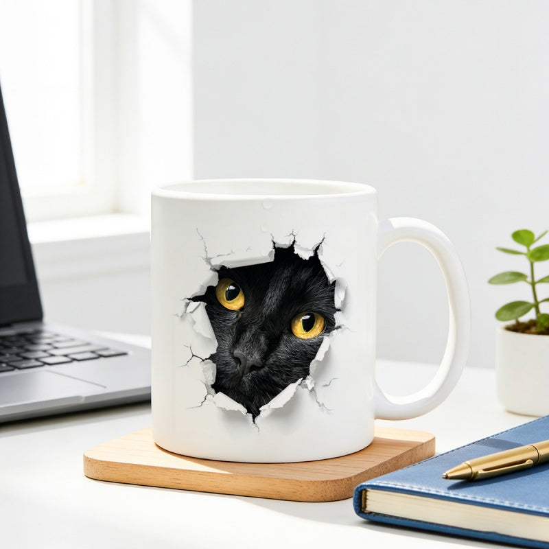 Tailorly White Ceramic 11 oz Mug - Mysterious Black Feline Peering Through A Realistic Cracked White Wall Cat