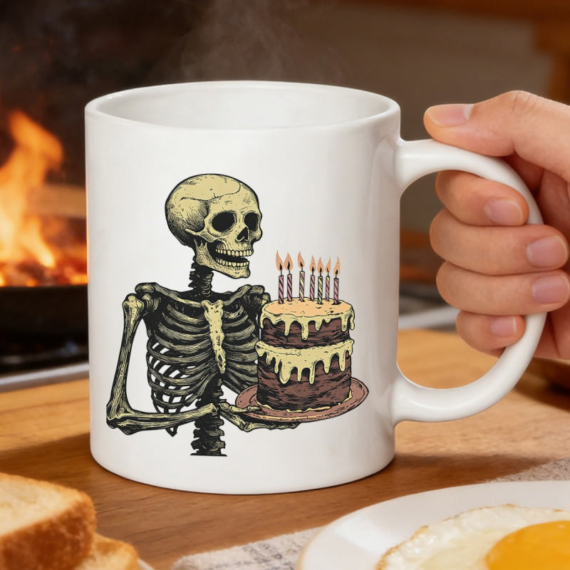 Tailorly White Ceramic 11 oz Mug - Vintage Illustration Style Holding Layered Chocolate Birthday Cake With Candles Skeleton