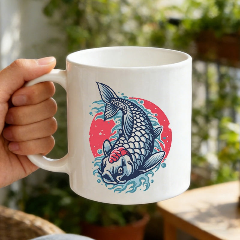Tailorly White Ceramic 11 oz Mug - Traditional Japanese Style Leaping Out Of Blue Water Waves Sun Koi