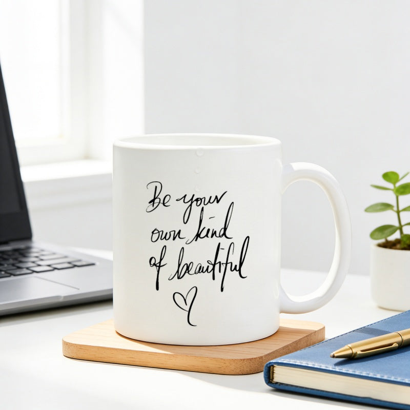 Tailorly White Ceramic 11 oz Mug - Be Your Own Kind Of Beautiful Handwritten Script Featuring Minimalist Heart Symbol On Mug