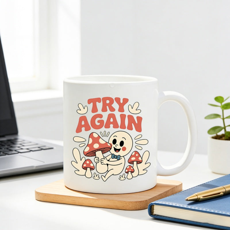 Tailorly White Ceramic 11 oz Mug - Try Again Whimsical Cartoon Figure Hugging A Large Spotted Mushroom Among Smaller Fungi Character