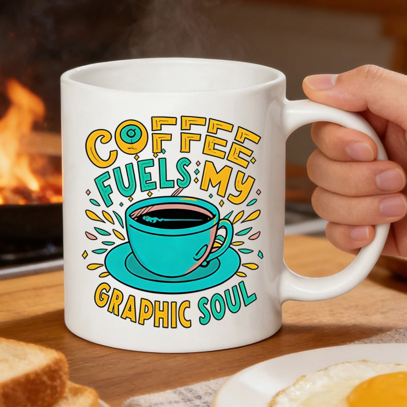 Tailorly White Ceramic 11 oz Mug - Coffee Fuels My Graphic Soul Artistic Turquoise Vessel Surrounded By Vibrant Colorful Decorative Splashing Drops Coffee Cup