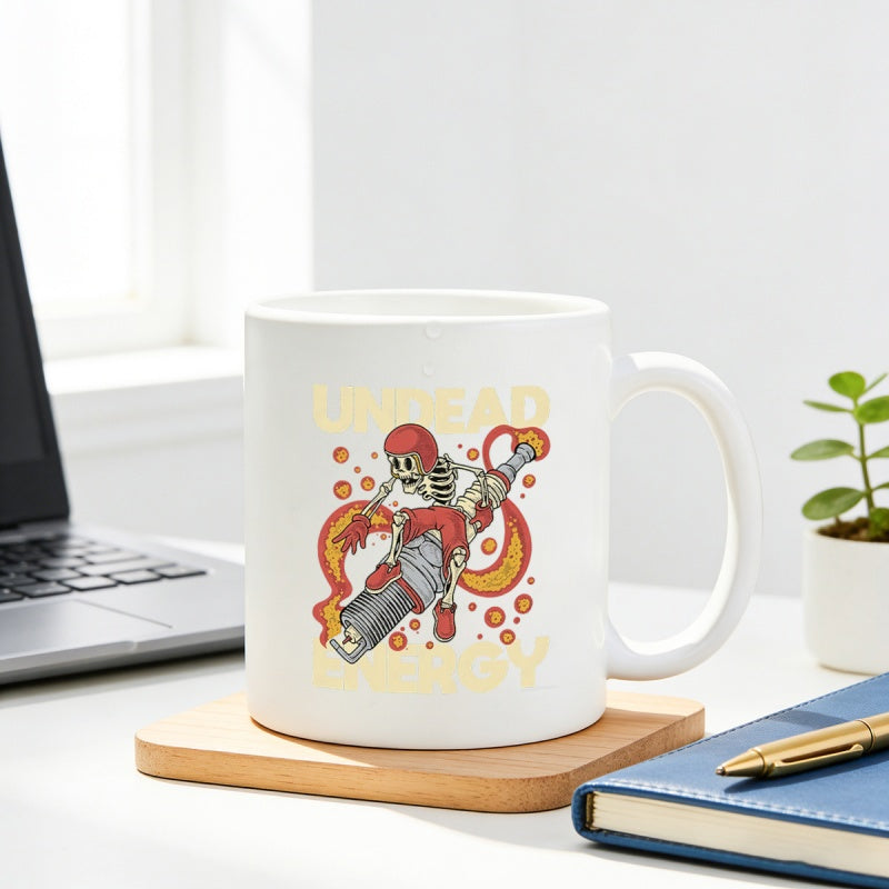 Tailorly White Ceramic 11 oz Mug - Undead Buddy Funny Skeleton Wearing Helmet Riding Flying Rocket Among Bubbles Skeleton
