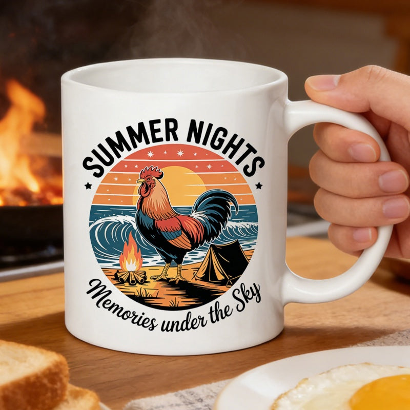 Tailorly White Ceramic 11 oz Mug - Summer Nights Memories Under The Sky Colorful Bird Standing On Beach Near Campfire And Tent Under Sunset Waves Rooster