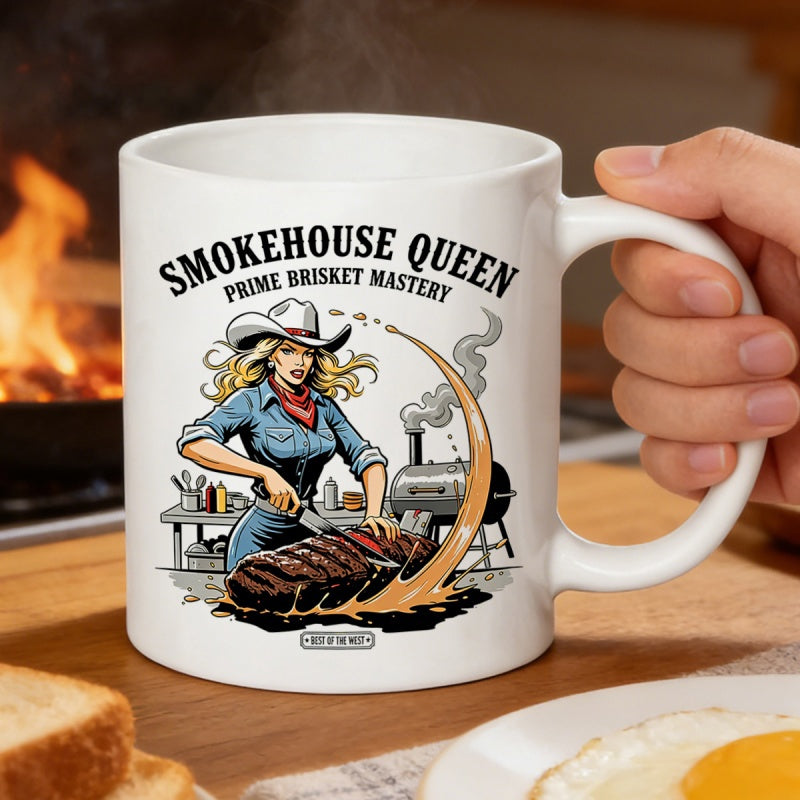 Tailorly White Ceramic 11 oz Mug - Smokehouse Queen Prime Brisket Mastery Blonde Cowgirl Cutting Meat Near A Smoking Barbecue Grill Woman