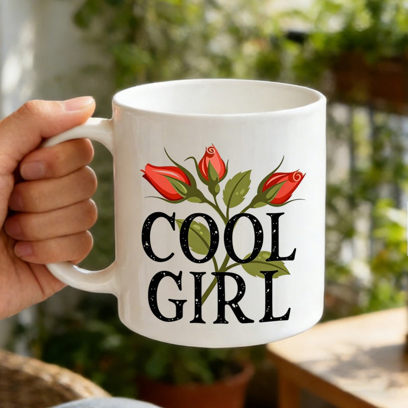 Tailorly White Ceramic 11 oz Mug - Cool Girl Three Red Roses With Green Leaves On