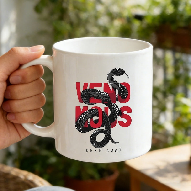 Tailorly White Ceramic 11 oz Mug - Venomous Keep Away Detailed Black Serpent Slithering Through Bold Red Block Letters Snake