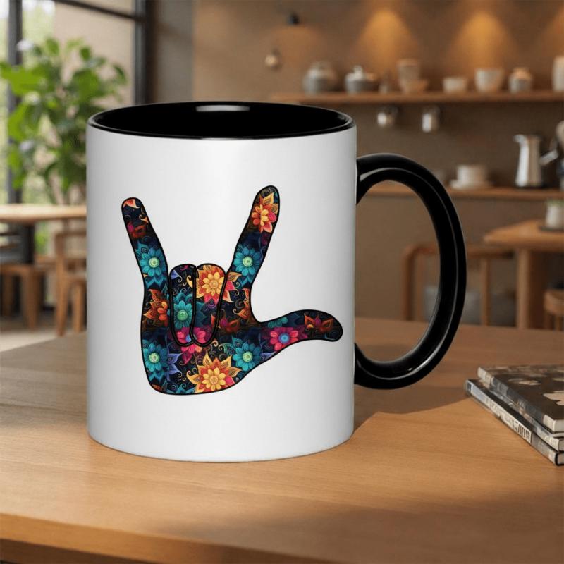 Tailorly Black Accent 11 oz Mug - colorful floral i love you hand design