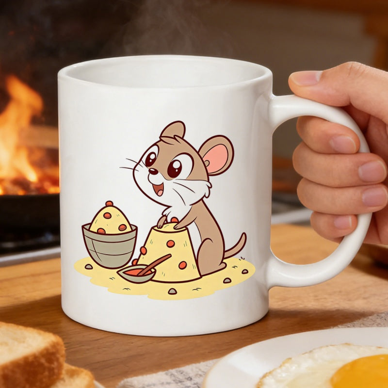 Tailorly White Ceramic 11 oz Mug - Adorable Small Cartoon Character Eating Yummy Porridge With A Spoon Mouse