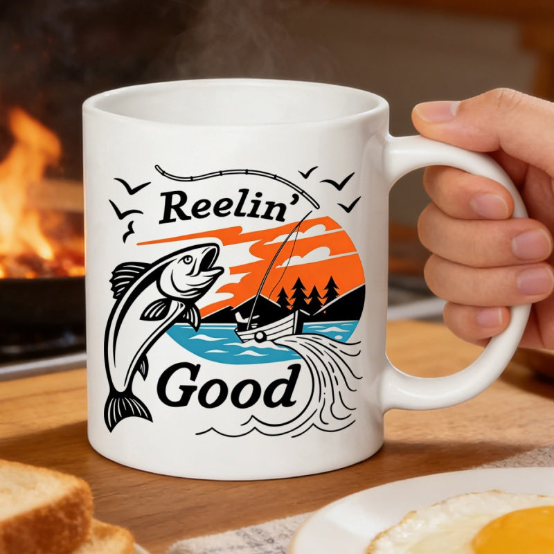 Tailorly White Ceramic 11 oz Mug - Reelin Good Vintage Scene With Jumping Fish Among Trees And Sunset Fish