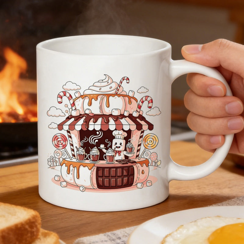 Tailorly White Ceramic 11 oz Mug - Whimsical Cartoon Sweet Stand Surrounded By Candy Canes And Chef Shop