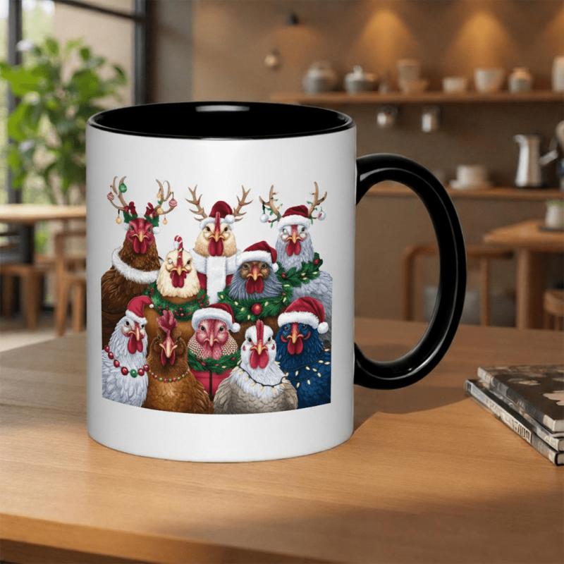 Tailorly Black Accent 11 oz Mug - festive flock of chickens ready for christmas celebration