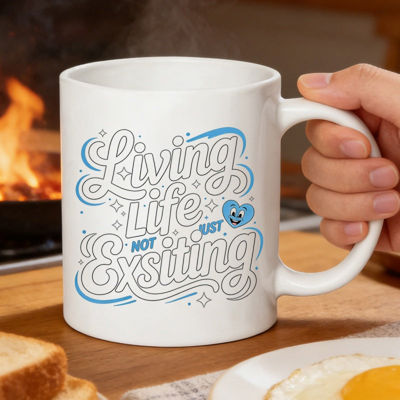 Tailorly White Ceramic 11 oz Mug - Living Life Not Just Existing Retro Script Font Among Vibrant Blue Swirls And Happy Heart Typography