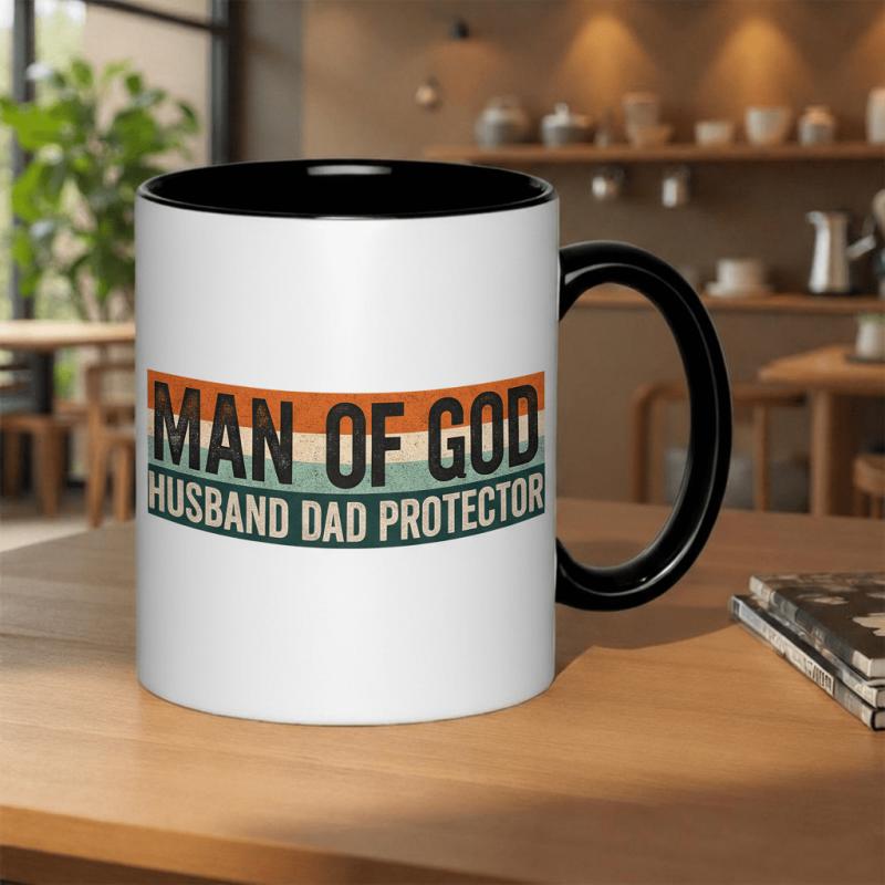 Tailorly Black Accent 11 oz Mug - man of god husband dad protector vintage retro sunset style text and sunset illustration